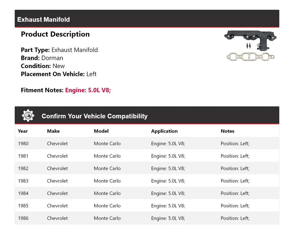 Colector de escape izquierdo 1981 para Chevrolet Monte Carlo 1980-1986 5,0 L V8 Dorman Foto 2 de 4
