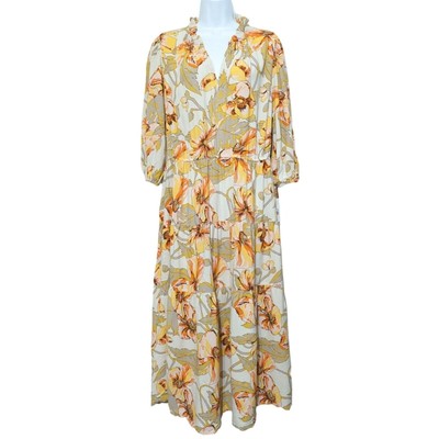 Ophelia Roe Gold Orange Floral V-Neck Midi Dress Womens Size XL