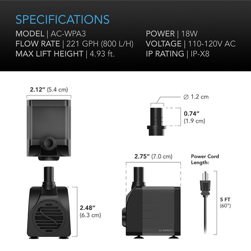 AC Infinity Submersible Water Pump, Quiet Flow Control for Hydroponics, 211 GPH - 第 6/7 張圖片