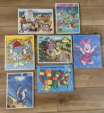 Lot of 7 Vintage Preschool Playskool Wooden Puzzles Sesame Street Piglet Alice..