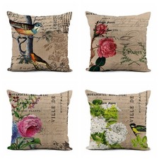 Set of 4 Linen Throw Pillow Covers 18x18 Inch Vintage Botanical Register Bird...