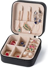 Travel Jewelry Organizer Box Small Black Faux Leather Case for Rings Earrings