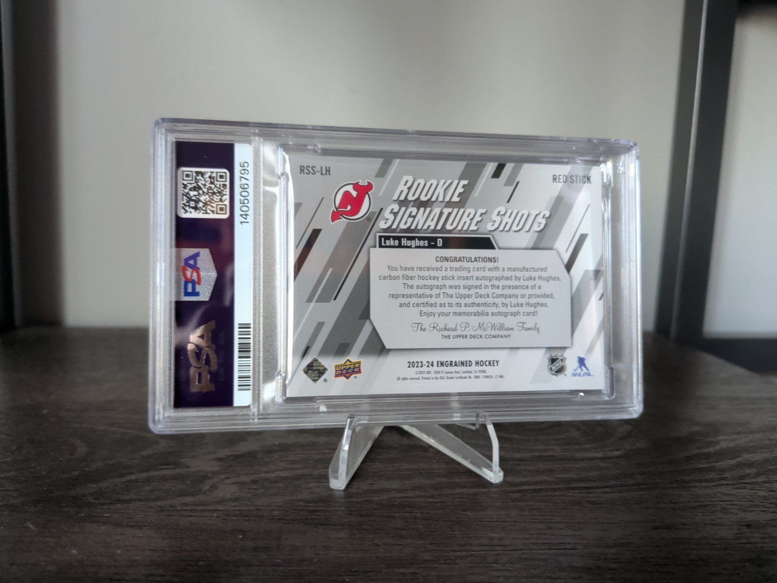 2023-24Engrained Hockey Rookie Signature Shots Luke Hughes Auto /45 RSS-LH PSA 8 view 2