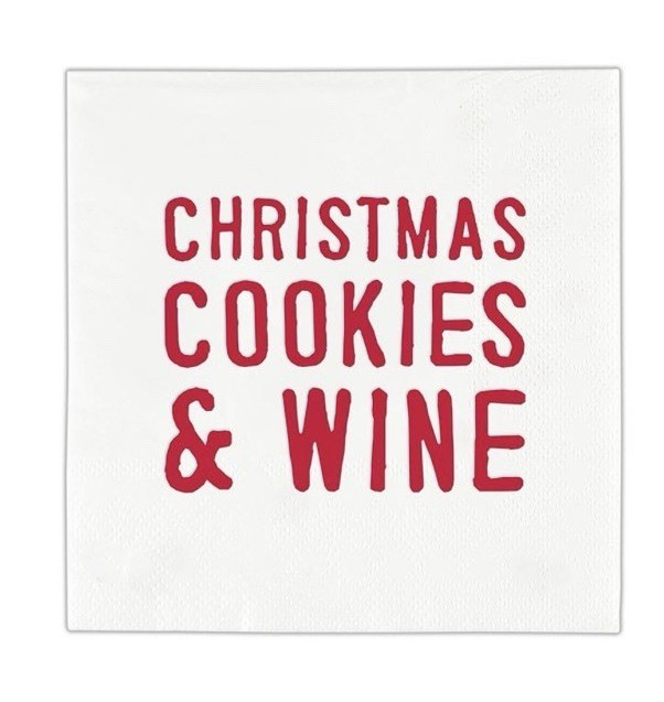 White Christmas Paper Napkin "Christmas Cookies & Wine" Red Text Design 5” sqr