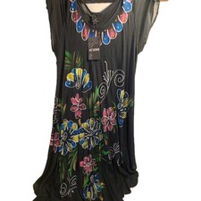 NWT Painted Floral Tunic Sundress Sheer One Size Black W Pink Flowers Swim Cover
