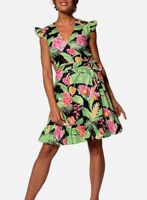  Tropical Print Tori Richard Henrietta Wrap Dress in Black size XS 