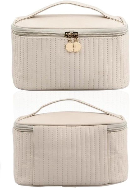 Kosmetiktasche Damen Kulturbeutel Pu Leder Wasserdicht Beige Reise Make-Up-image