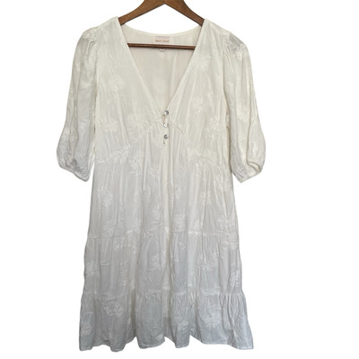 Dear John Mini Dress Women S White Floral Embroidered Tiered Boho Pocket Cottage