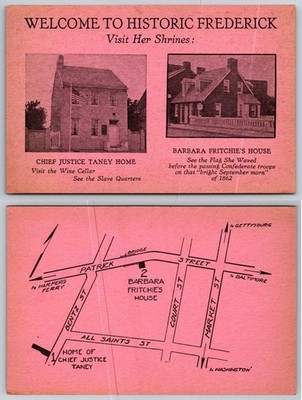 Historic Frederick MD Postcard Brochure Taney Home Barbara Fritchie House Map