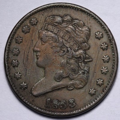 1833 Classic Head Half 1/2 Cent XF++ E803 DWBG