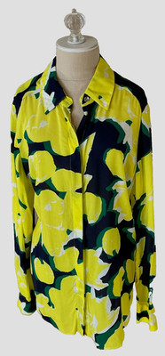 AIRFIELD WOMENS Lemon Floral Abstract Print Jewel Logo Blouse Shirt L Yellow NWT