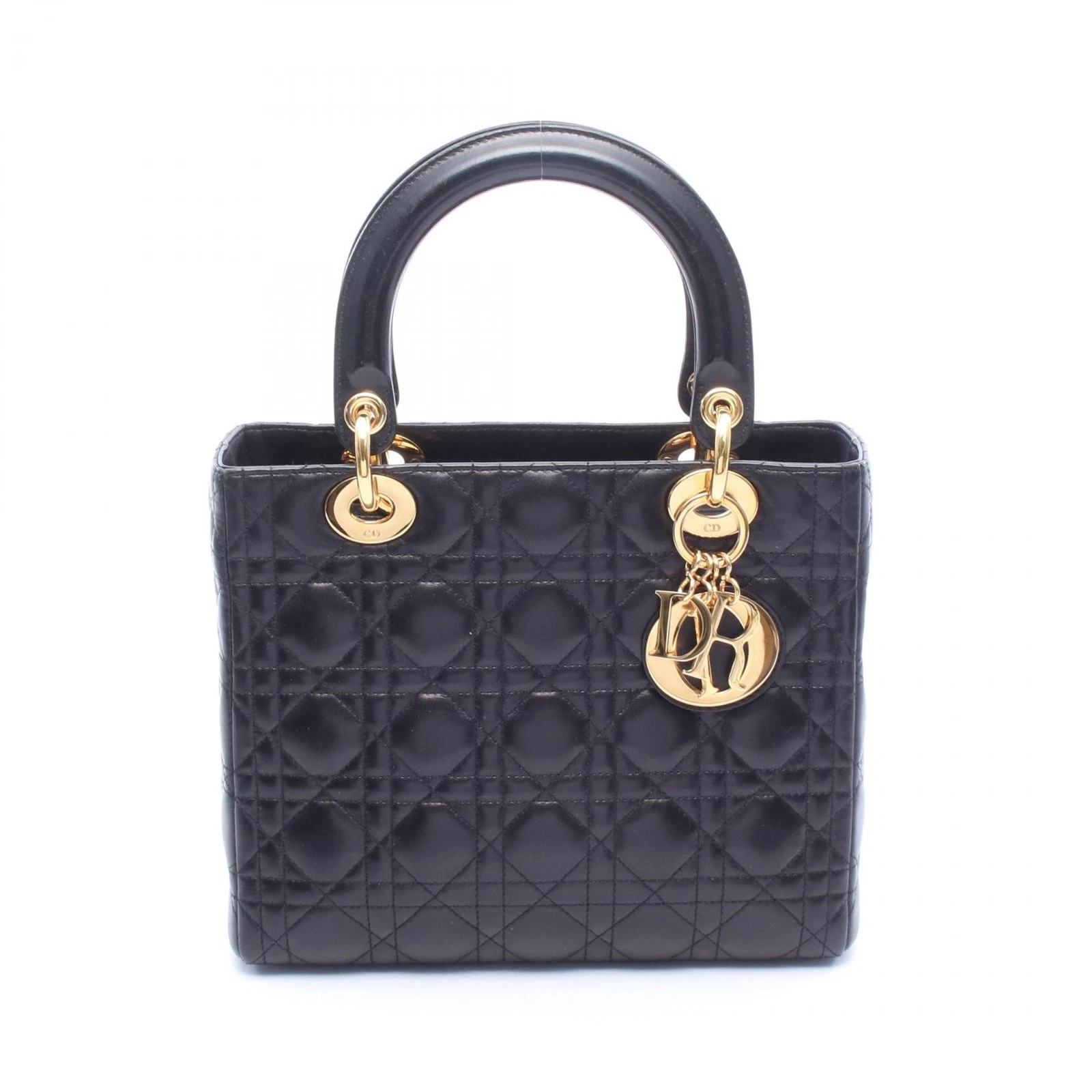 Dior LADY DIOR Cannage Handbag leather Black Used Women GHW