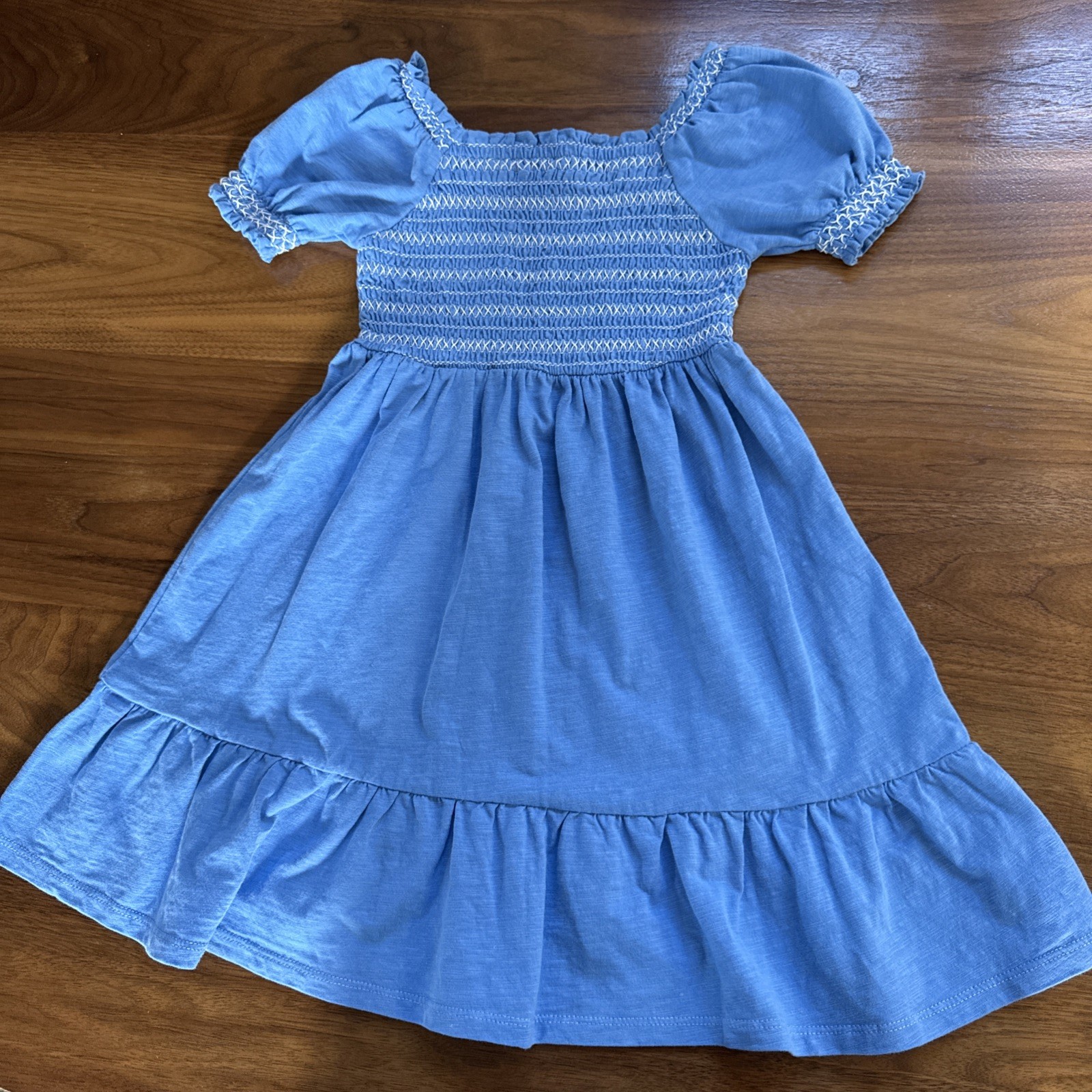Mini Boden Blue Smocked Dress Girls Size 6-7 Short Sleeve Ruffles