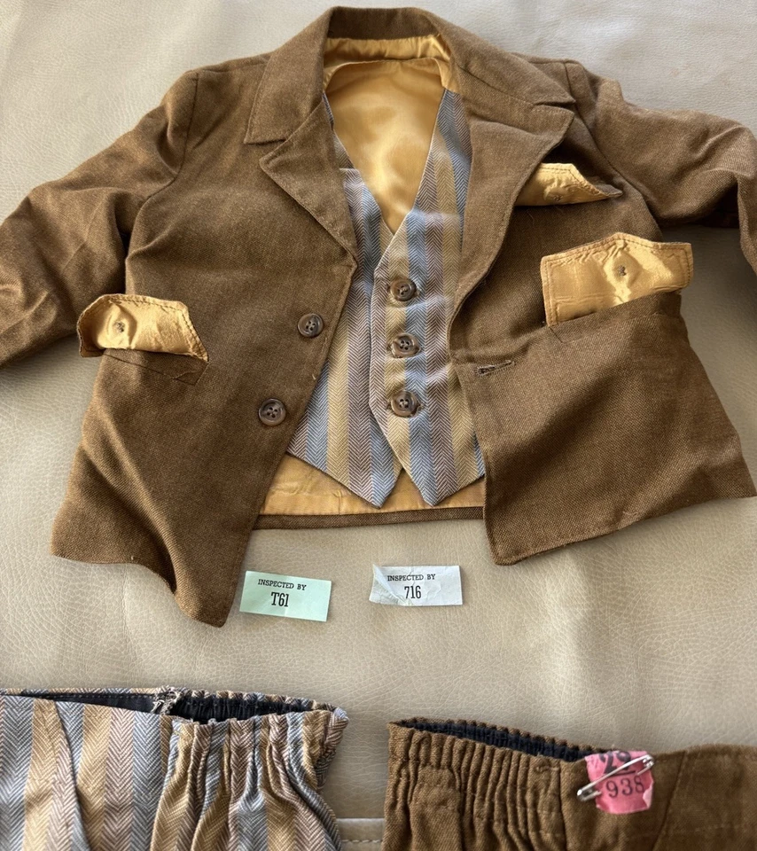 Blazer, traje, 2 pantalones, chaleco, lino marrón chocolate de colección para niños años 60’s/70’s, dorado, satinado Foto 2 de 4