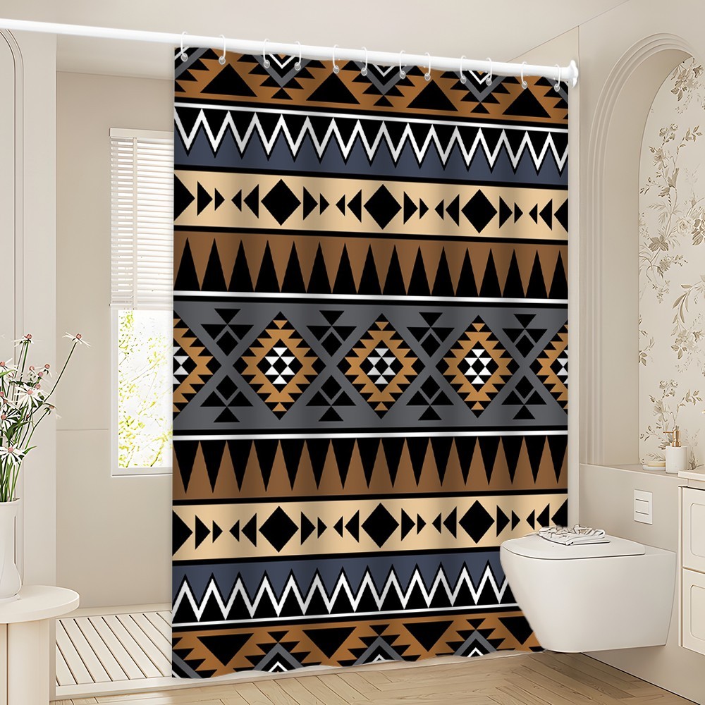 Brown Ethnic Shower Curtain Tribal Geometric Print Waterproof Bathroom Decor