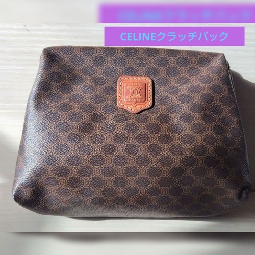 CELINE Honeycomb Macadam Clutch Bag Brown Coated Canvas Leather Cosmetic Case
