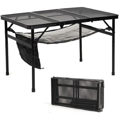 4FT 3-Fold Camping Table with Mesh Desktop Adjustable Height BBQ Grill Table New