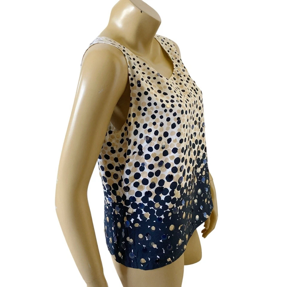 Blusa regata feminina Ellen Tracy tamanho 10 seda sem mangas lantejoulas bolinhas - Imagem 3 de 4