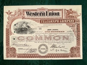 1965 Western Union Telegraph Company Stock Certificate - 100 Shares