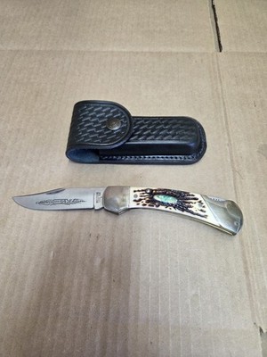 Western USA mdl 542 folding hunters knife w/tooled leather case, lightly used! 