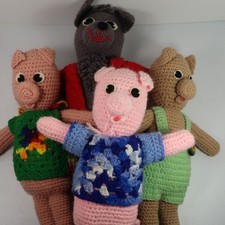 Hand Knit Crocheted 3 Little Pigs Big Bad Wolf Plush Homemade