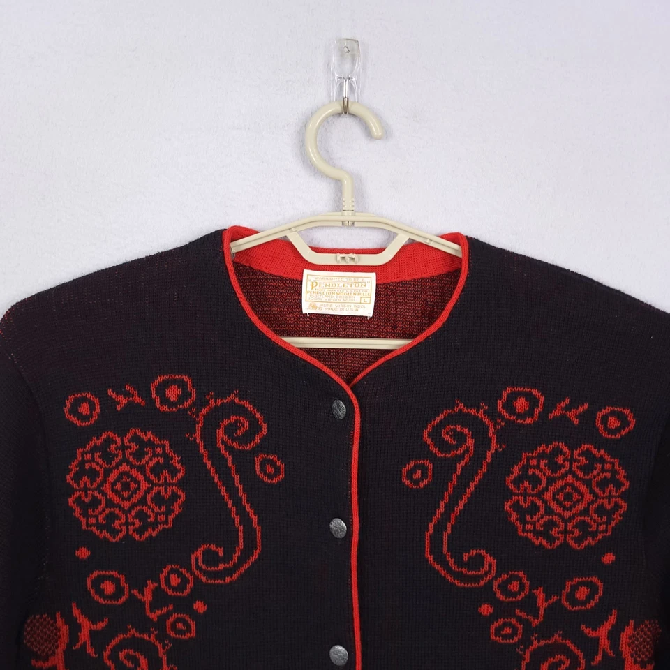 De Colección Pendleton Cárdigan Suéter Mujer L Negro Manga Larga Lana Virgen Cowichan Foto 3 de 4