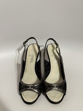 Vtg Chanel Black Leather CC Logo Slingback Heels 36.5