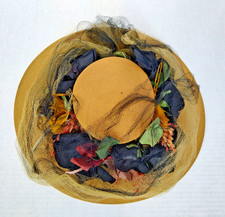 Vintage Caspar Davis Womens Wide Brim Fabric Hat Embellished Floral Net 1940s