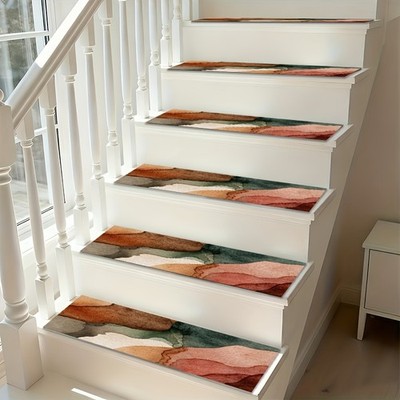 Watercolor-smudged Earth Tone 2D Printed Stair Treads, Machine Washable, Stabl