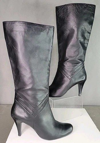 SOFTSTAR Tall Heel Leather Boots SOFT Pull On Black Size 9.5 Star Ling Nigiri BEAUTIFUL!