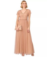 Papell Studio Women's Size 12 Pink Rose Gold V-Neck Beaded Bodice Gown Dress