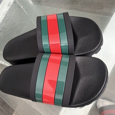 Gucci Men s Slide Sandals Black Red/Green Stripe Logo Strap Slip-On US 7.5