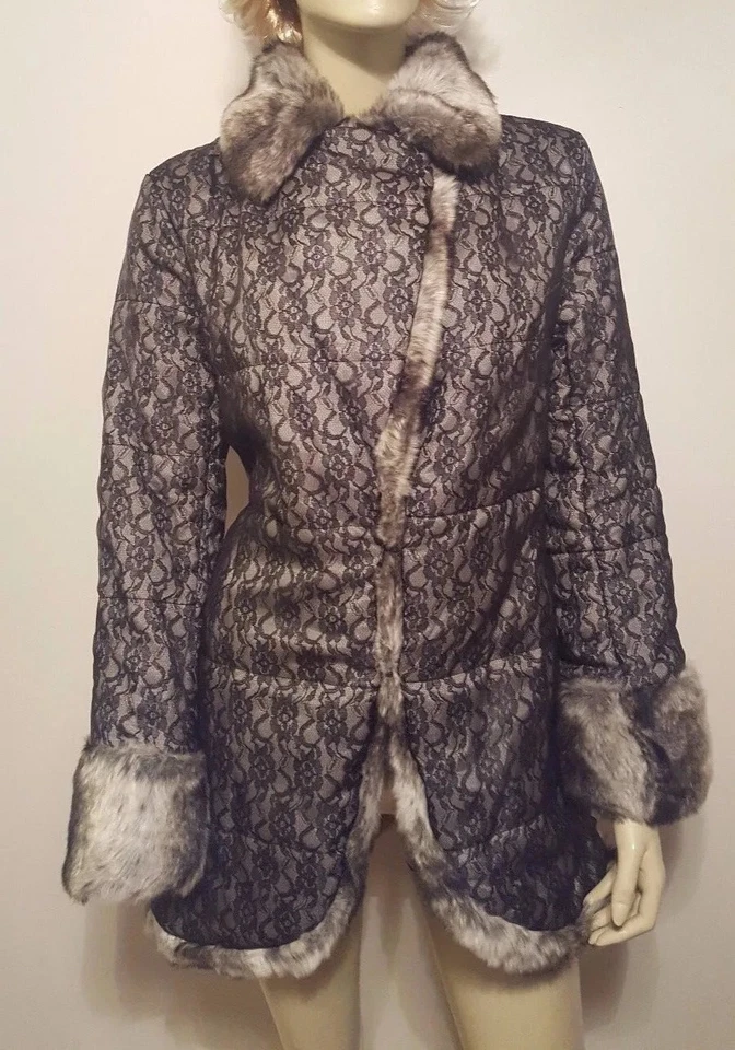 Abrigo de encaje negro de piel sintética ADRIENNE LANDAU ¡NUEVO! ¡Raro! Talla XS Foto 2 de 4