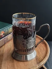 Russian Vintage Crystal Tea Glass with Gold Rim & Metal Holder Podstakannik Set