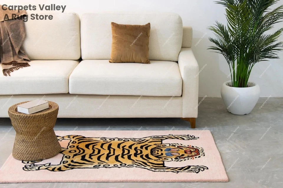 Tibetan Tiger Print - Pink & Brown, Hand-Tufted Wool Handmade Area Rug Carpet - Image 2 of 4