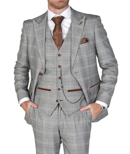 New Men's Suit 3 Pieces Blazer Pants Buckle Work Wool Wear Checkered Wedding - Picture 12 of 17
