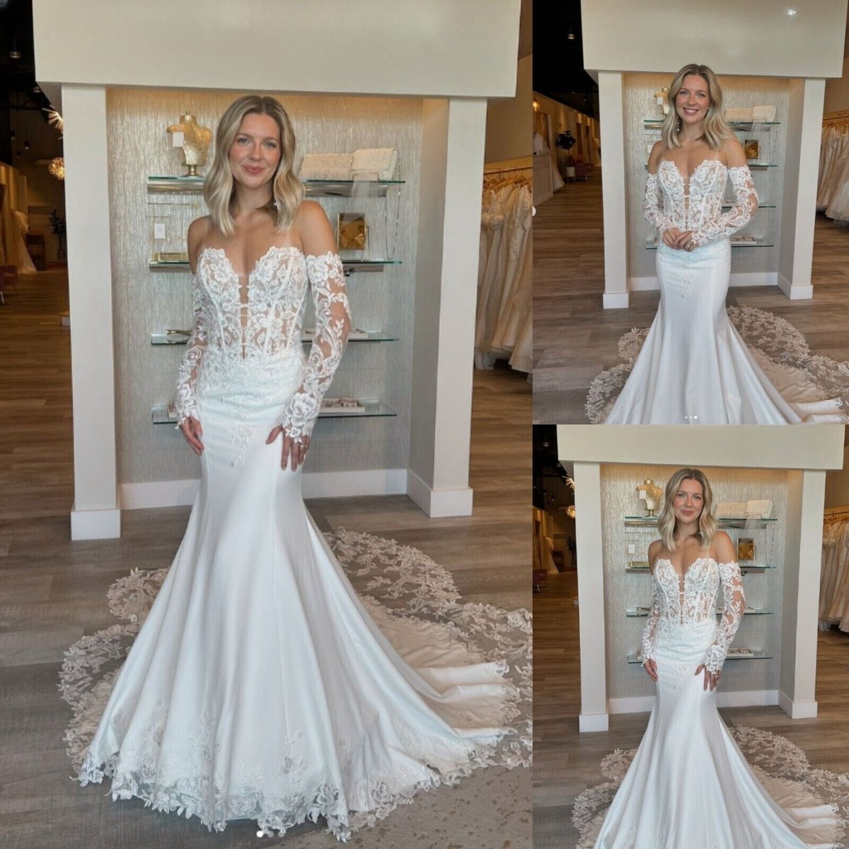Long Sleeves Mermaid Wedding Dresses Sweetheart Lace Sweep Train Bridal  Gowns | eBay