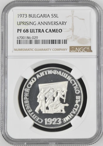 1973 BULGARIA SILVER 5 LEVA UPRISING ANNIVERSARY NGC PF 68 ULTRA CAMEO