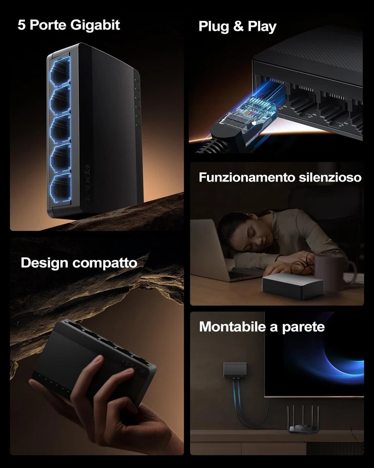 Mini Switch Gigabit 5 Porte di Rete Ethernet 10/100/1000 Mbps Con Indicatore LED - Immagine 2 di 4