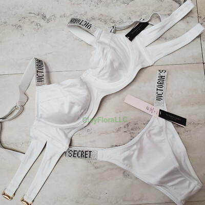 Victoria's Secret wicked underwired SWIM SET rhinestones shine white logo 32C