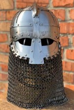 Medieval Riveted Chain Mail Helmet 16 Gage Steel Armor Viking Nasal Helmet