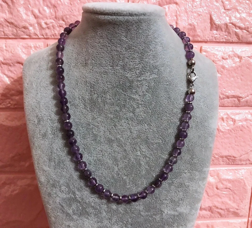 Collana Girocollo Uomo Pietra Naturale Ametista viola glicine lilla Ematite 6mm - Immagine 4 di 4