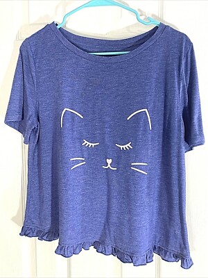 Unbranded Blue Girls Cat Face T-shirt W/Ruffle Edge Size Large