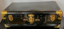 Antique Black Metal Steamer Suitcase Brass Corners Rivets Lock 21" x 12" x 7.5"