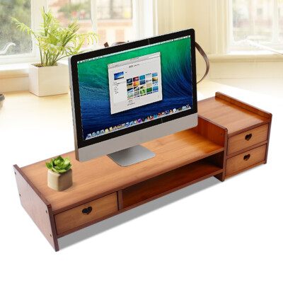 Bamboo Monitor Stand Riser 69 × 23 × 17 cm - 3 Drawers & Phone Holder