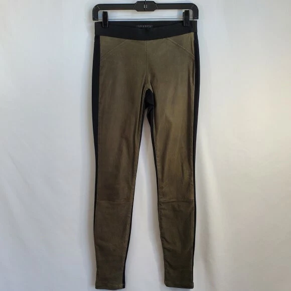 Pantalones Theory "Cullen" de cuero y sarga elástica - Leggings, oliva/negro - 2 pequeños Foto 2 de 4