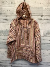 Mexican Boho Poncho Soft Lining Pockets Lined Too Hood Size M-L High Quality