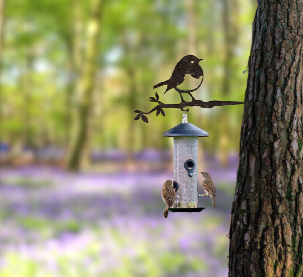 Robin Twig Silhouette Metal Bird Garden Art Bird Feeder Hanger Metal garden Art