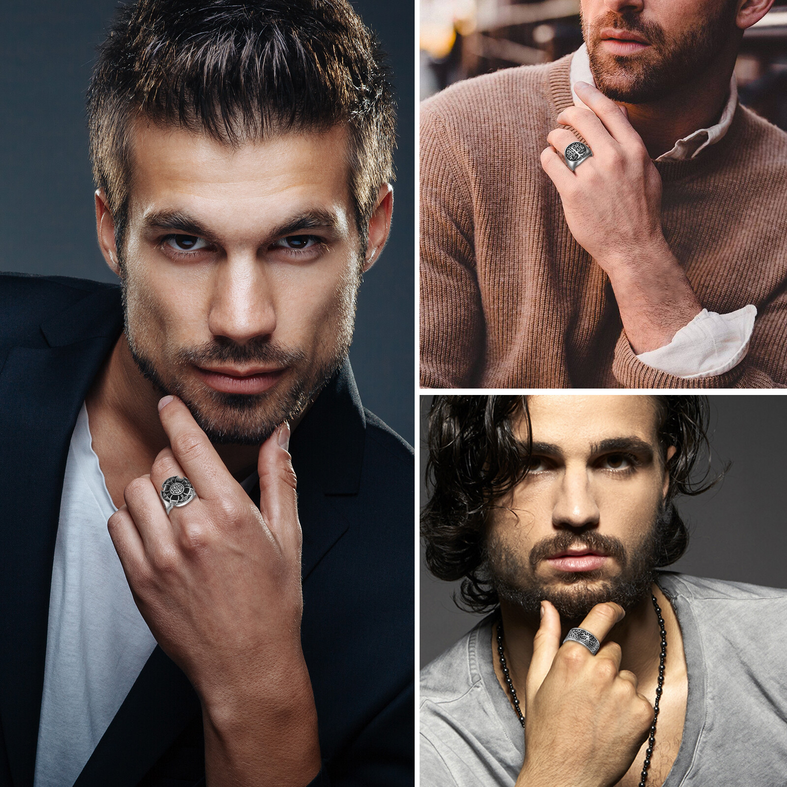 3Pcs Men's Viking Vegvisir Rings Vintage Nordic Stainless Steel Talisman Ring