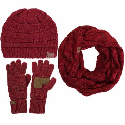 C.C Women 3pc Set Soft Confetti Ribbed Cable Knit Stretch Beanie Gloves & Scarf